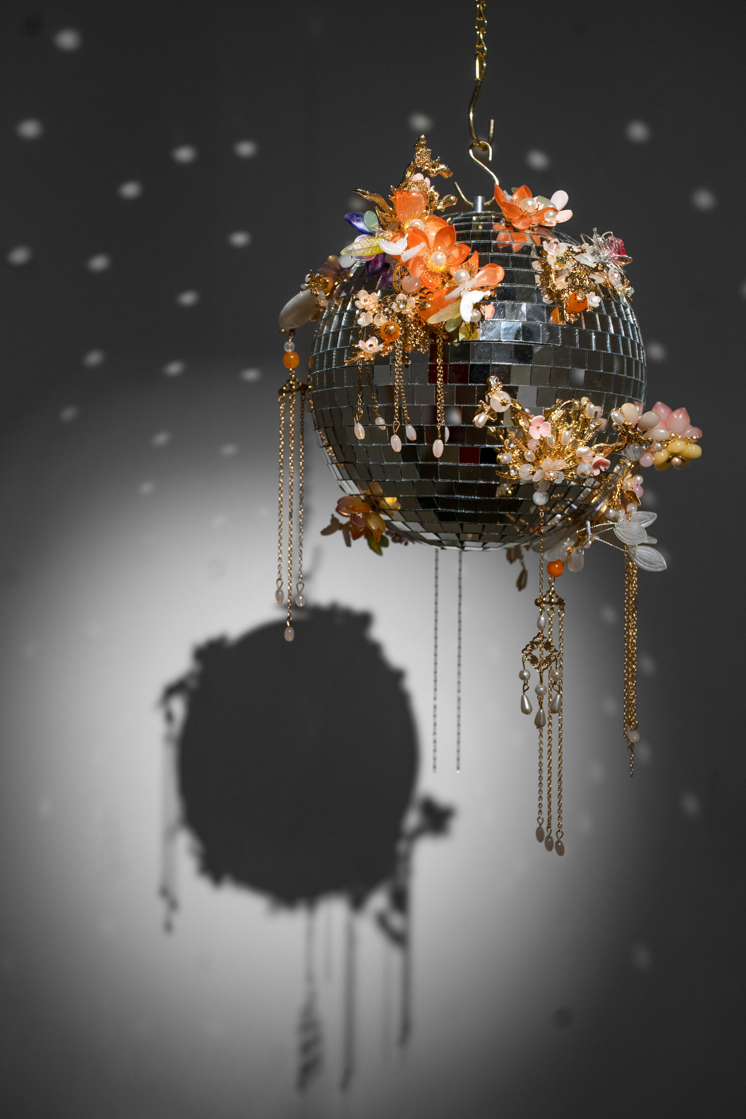 Flower in the Mirror Moon on the Water 镜花水月 #1, The Autumn Equinox 秋分, a mirror ball adorned with plastic floral beadwork