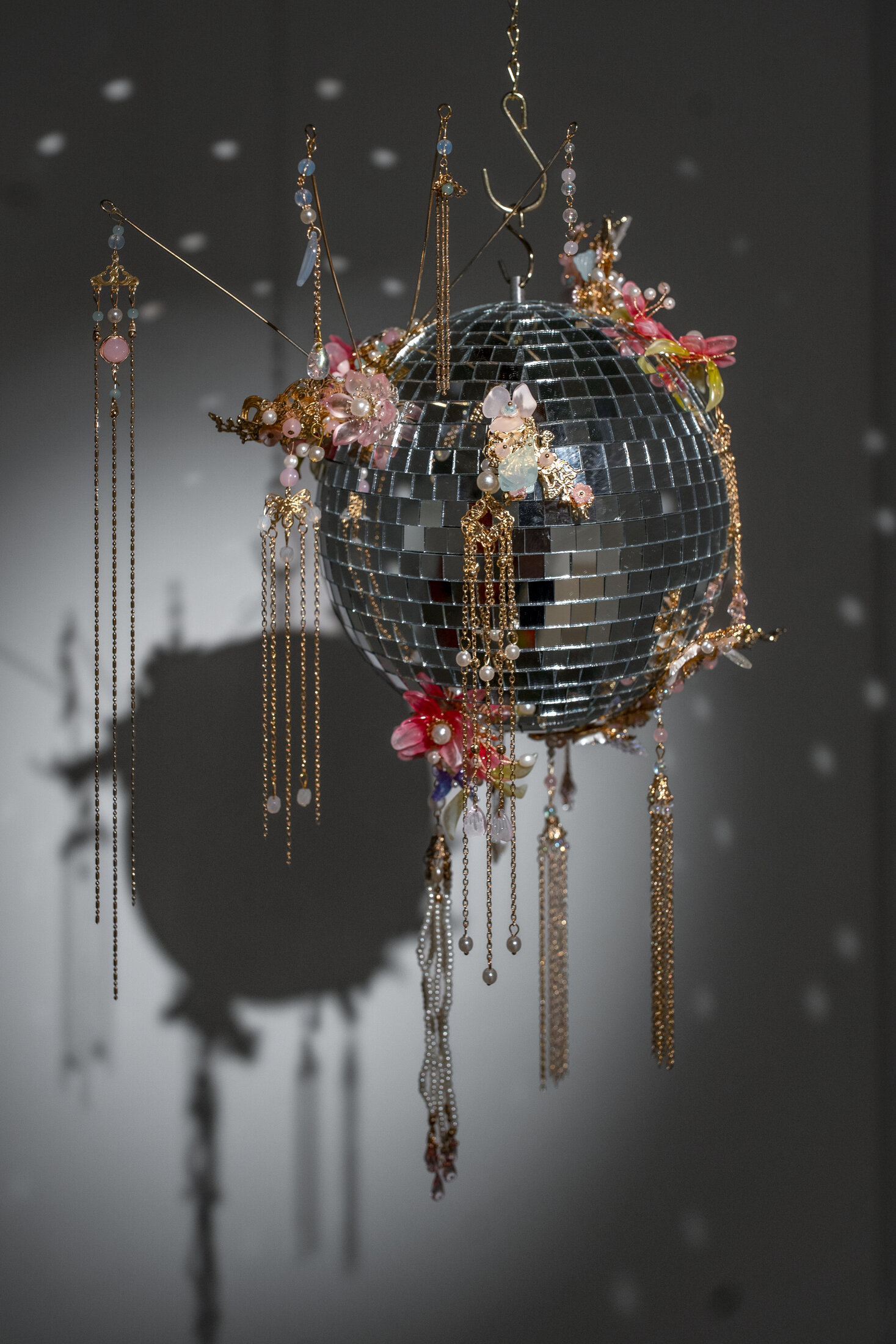 Flower in the Mirror Moon on the Water 镜花水月 #4, Summer Solstice 夏至, a mirror ball adorned with plastic floral beadwork