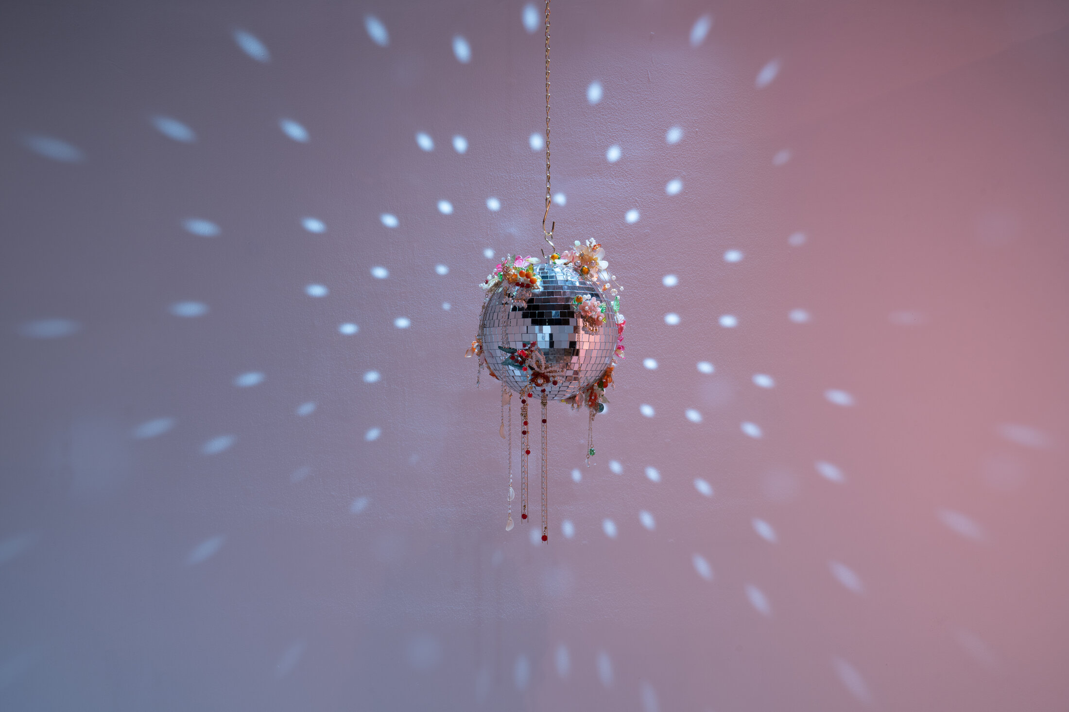 Flower in the Mirror Moon on the Water 镜花水月 #8, Cold Dew 寒露, a mirror ball adorned with plastic floral beadwork
