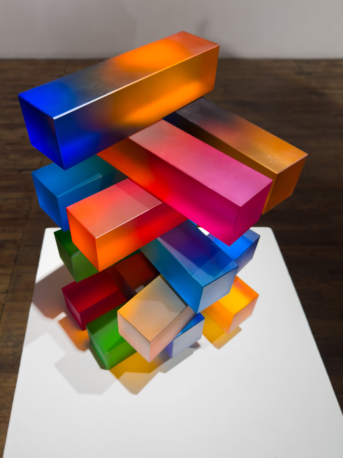 One Radiance Away, a stacked artificial crystal sculpture on a pedestal