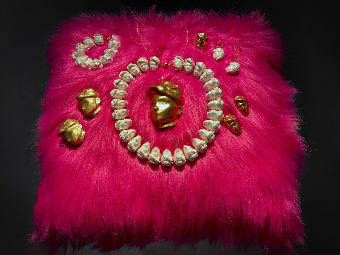 Self-Portrait Adornment, 3D-printed jewelry cast from the artist's head